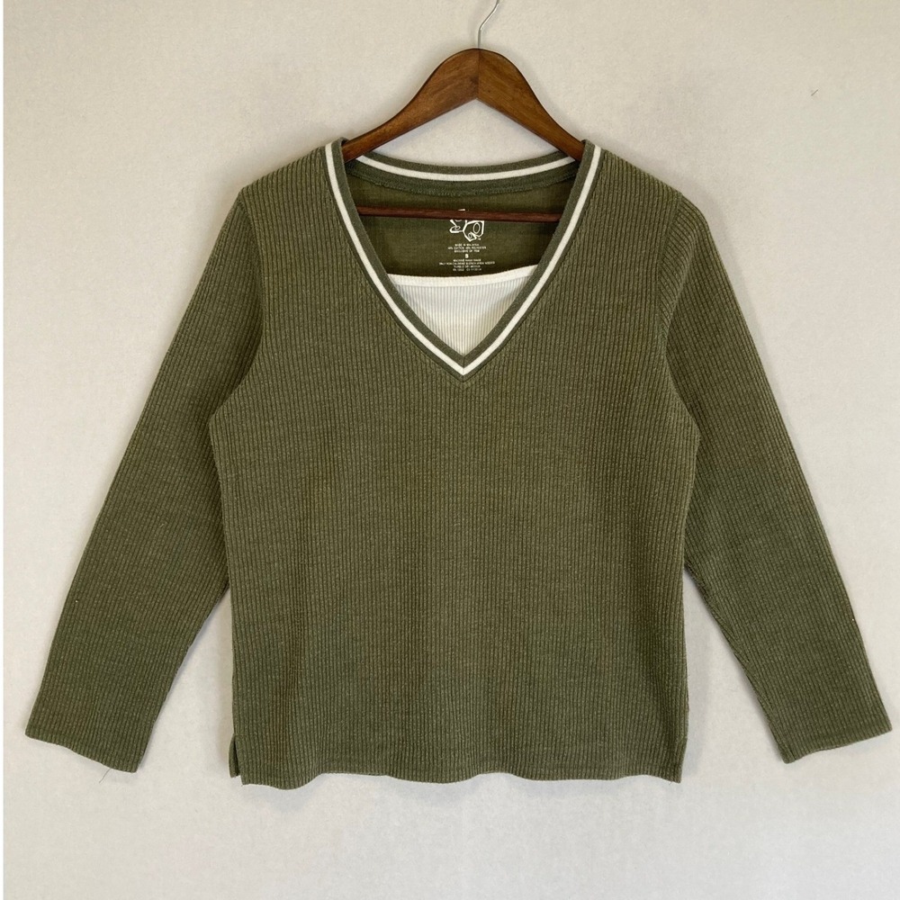 Preppy SQ Women Size S Olive Green Ribbed Layered‎ Look V-Neck Athletic Sweater